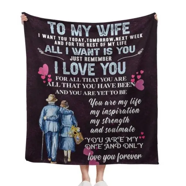 Dark Purple Glam Vintage Texture Hand-Knitted Chunky Chenille Anti-Pilling Flannel Throw Blanket, Wrinkle-Resistant, with Elderly Couple Back View & Lifelong Soulmate Letters, Valentine Gift (30x40in, 40x50in)