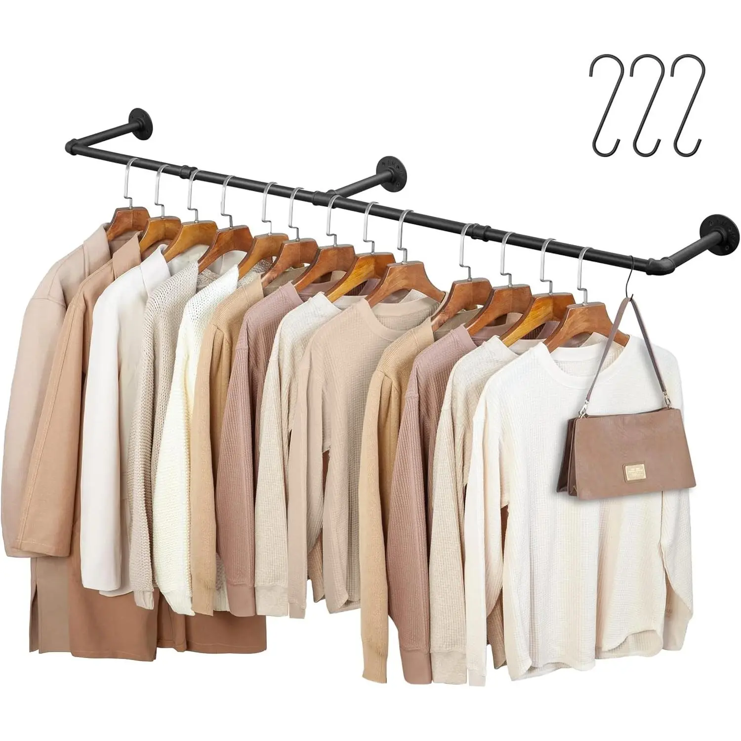 66.1" Industrial Pipe Wall Mounted Clothing Rack, Detachable Space-Saving Heavy Duty Iron Garment Rail with 3 Bases for Closet Hanging Clothes Storage, Black