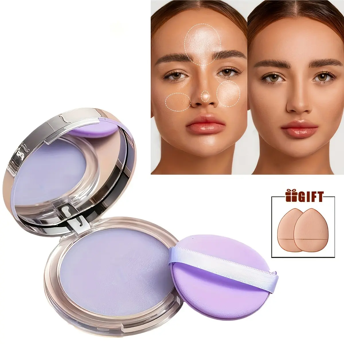 Transparent Oil-Control Balm Powder, Flawless Face Powder, 2 Colors Available, Long-Lasting Skin Brightening Matte, Includes 2 Finger Puffs, Perfect for Makeup Base