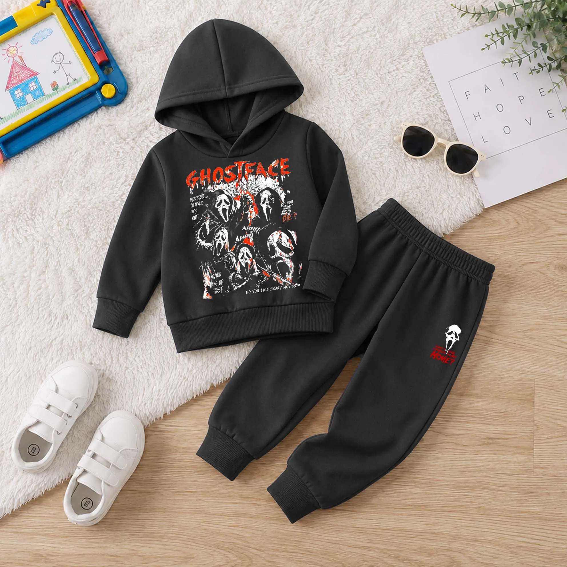 Boys' 3-14 Years Horror Movie Graphic Print Heavyweight 2-Piece Sets, Long Sleeve Pullover Hoodie & Elastic Waist Jogger Pants, Cozy Casual Wear for School,sohochic