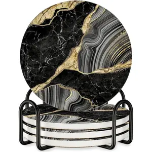 Elegant Black & Gold Marble Ceramic Coasters - Set of 4 with Black Metal Holder - Round Drink Coasters for Coffee, Tea, Whiskey, Wine - Stylish Home & Kitchen Decor