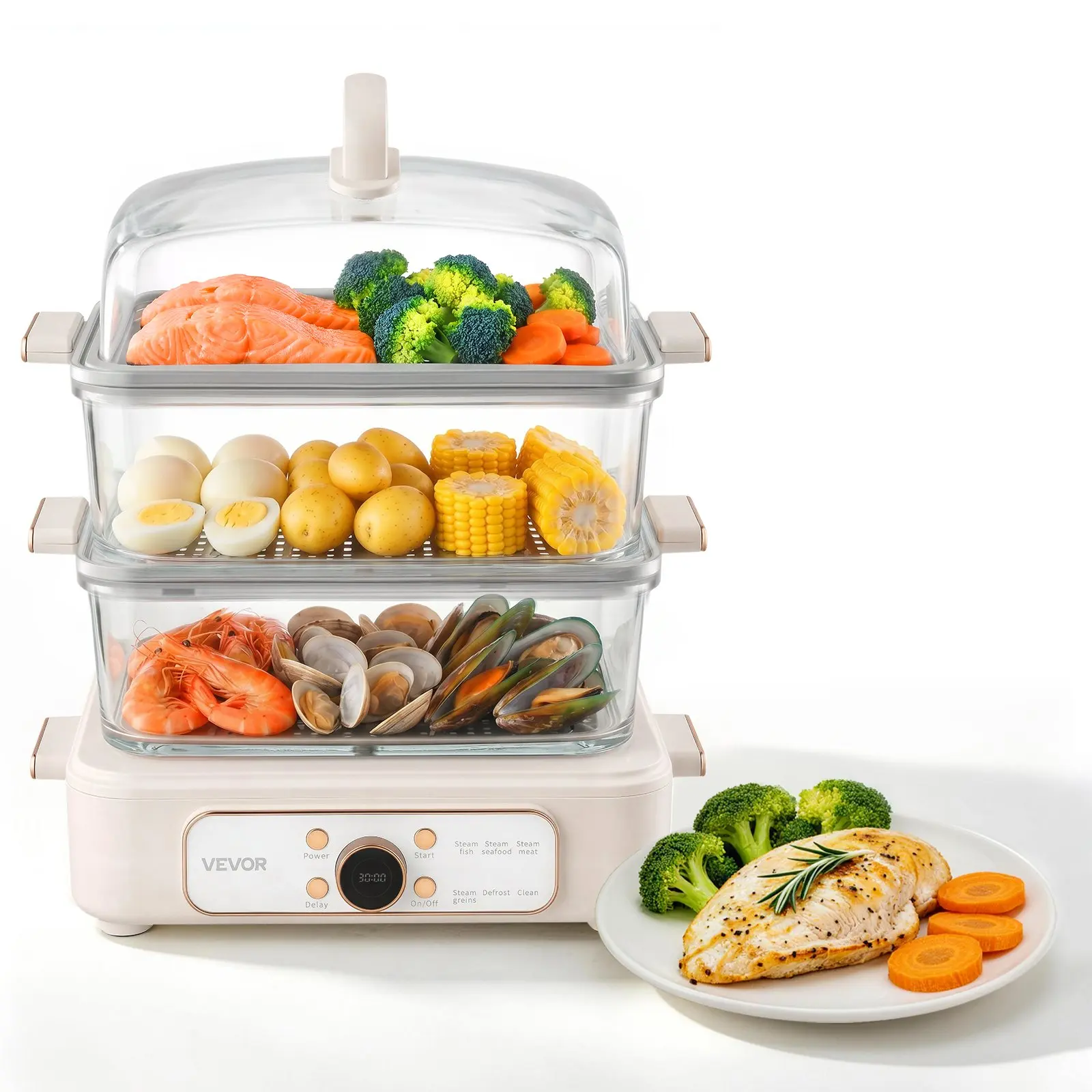 【DealsForYouDays】VEVOR Electric Food Steamer 10.6 QT Glass with 3-Tier Stainless Steel Trays, 1200W Vegetable Steamer for Cooking, 2-4 Servings, Pre-Programmed Settings, Delay Start, for Veggies, Seafood & Rice, Whit