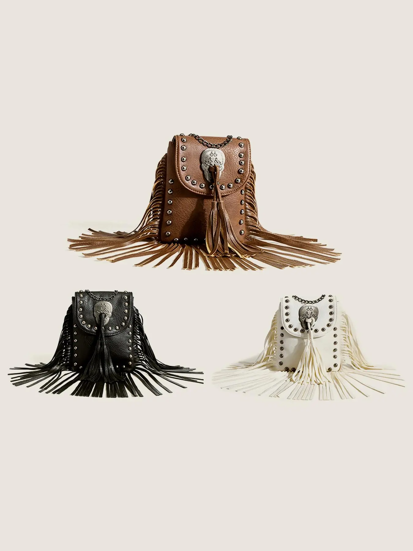 Steampunk Vintage Fringe Crossbody Bag For Women, Women's Skull Rivet Shoulder Bag, Bohemia Tassel Mobile Phone Bag, Magnetic Closure, Solid Color, Suitable for Electronic Music Festivals, Bohemian Crossbody Purse, Boho Bag, Casual Crossbody Bags