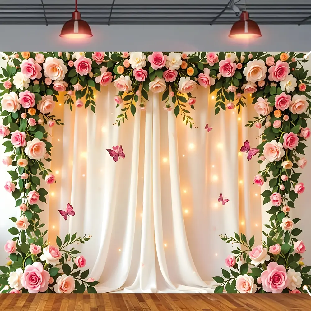Pink Rose Butterfly Floral Backdrop Banner, Polyester Flower Wall Decoration for Wedding, Birthday, Indoor Outdoor Party Photography