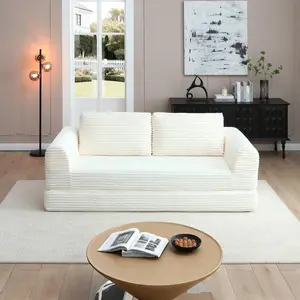 2-in-1 Folding Convertible Sofa Bed, Modern Corduroy Sleeper Couch with 2*pillows, Futon Modular Upholstered Boneless Sofa with Pull-Out Bed,Folding Floor Modular Couch for Living Room Beige