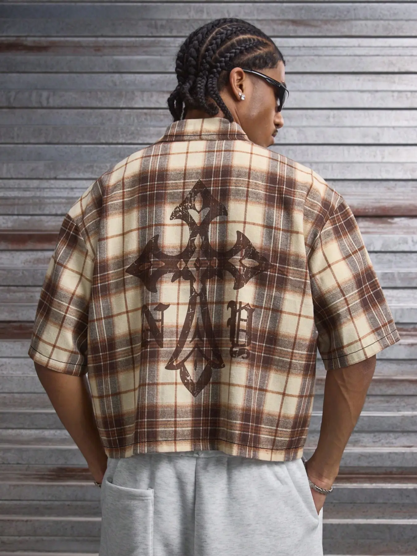 Men's Retro Vintage Coffee Plaid Cropped Button Up Casual Shirt | Back Gothic Cross & Old English Letter Graphic | Loose Boxy Y2K Street Layering Top for Men