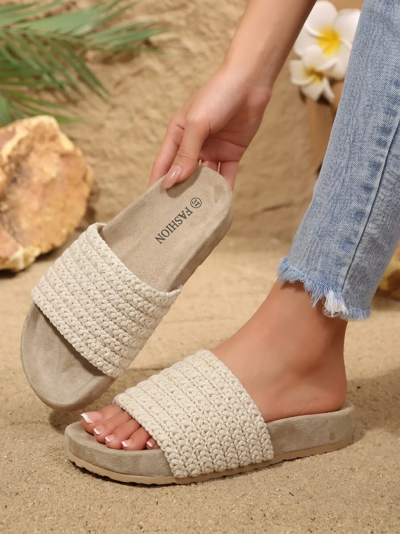 Women's off Thick Woven Strap Flat Slide Sandals, Soft Fuzzy Insole, Slip on Boho Beach Vacation Slippers, Comfortable and Stylish, Casual Summer Sandals, Bohemian Trending Sandals