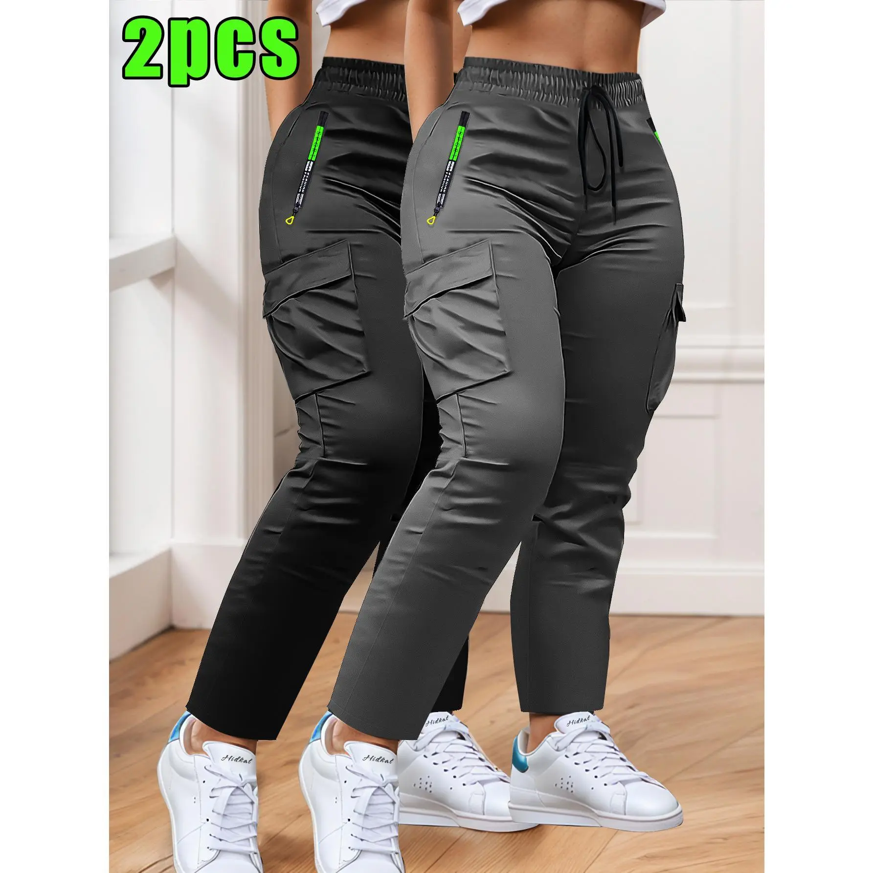 Women's 2 Pack Casual Jogger Pants, Elastic High Waist Casual Trousers with Zipper Pockets, Ladies Athletic Daily Wear Relaxed Fit Pants