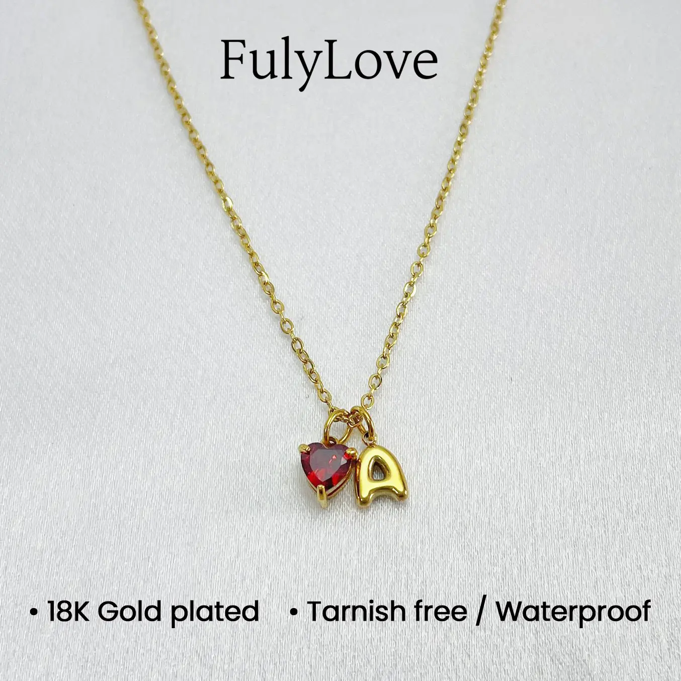 FulyLove Personalized Heart Birthstone and Bubble Initial Necklace, Custom Gold Plated Jewelry with Lovely Gift Packaging, Anniversary Birthday Gift