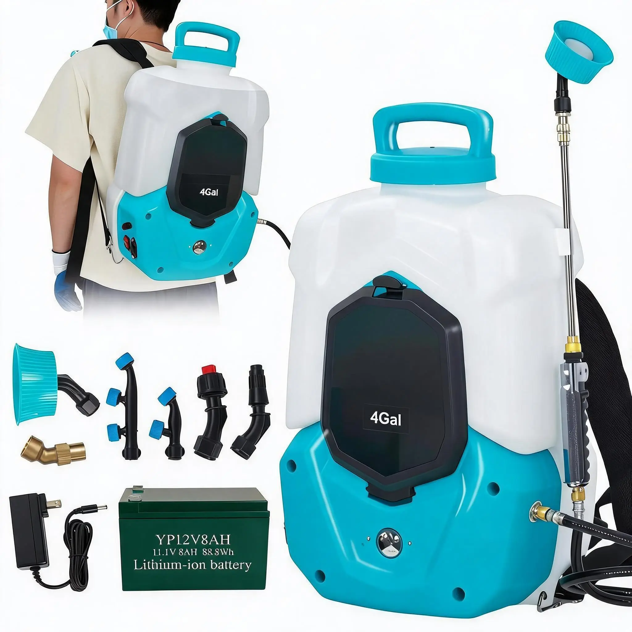 4-Gallon Battery Powered Backpack Sprayer Heavy Duty 90 PSI Electric Garden Sprayer with 12V 8Ah Rechargeable Battery 6 Nozzles Dual Wands Cordless Lawn Sprayer Backpack for Herbicides Pesticides Fertilizers