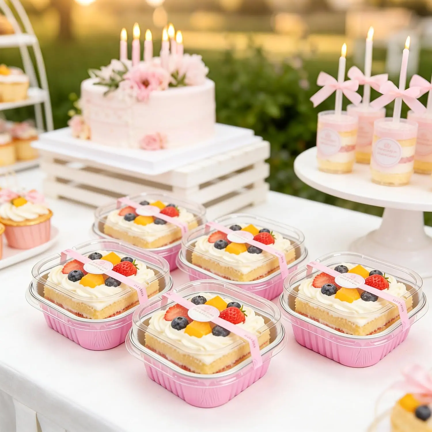 25-Pack Eco-Friendly 5oz Pink Disposable Square Aluminum Foil Mini Pastry Baking Pans with Snap Lids, Mini Forks & Decorative Stickers, Single-Serve Stackable Portable Containers for Afternoon Tea, Anniversary, Baby Shower