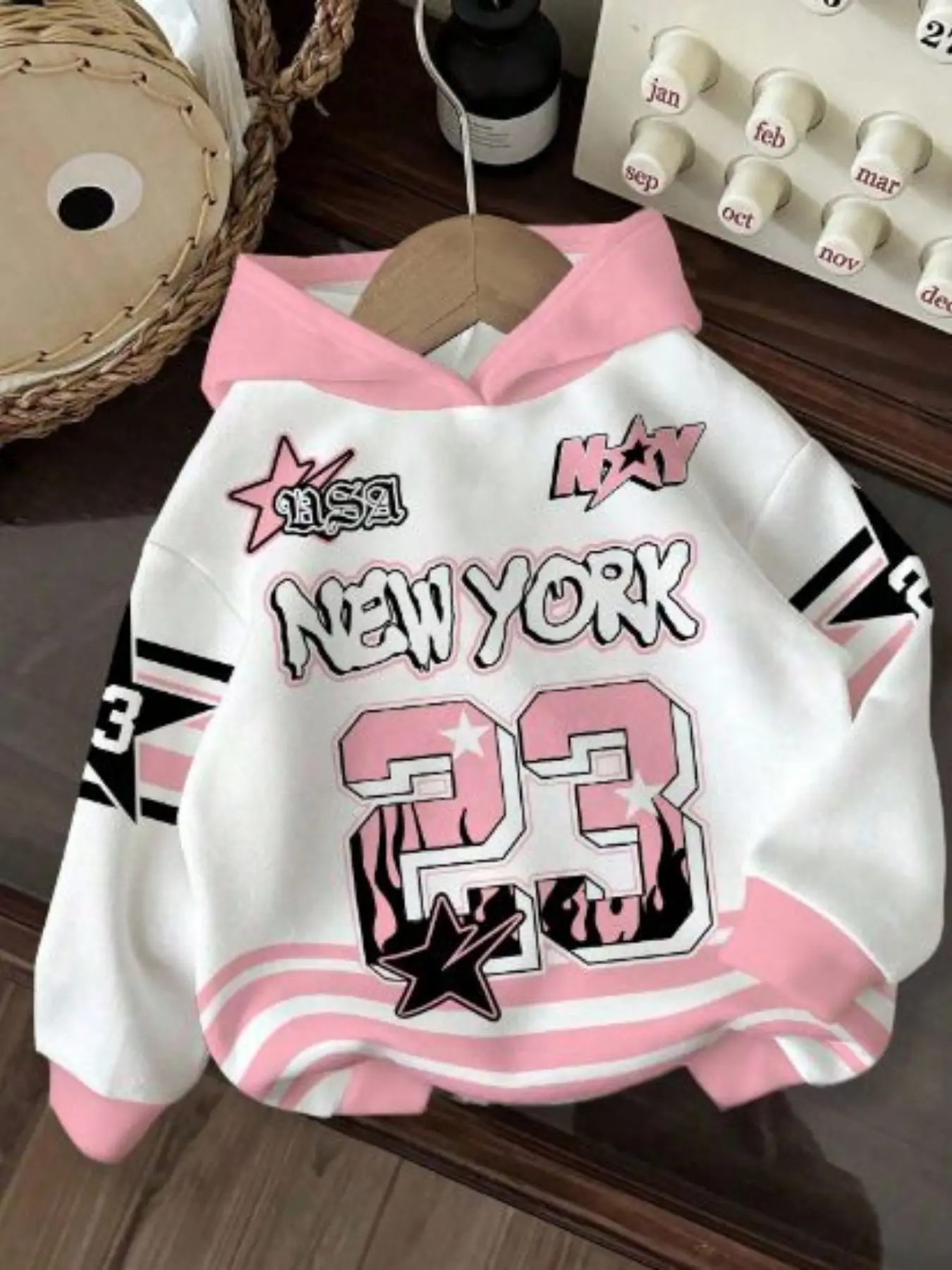 Girls' Hooded Sweatshirt, /blue Color Block, New York Letter Print, Loose Fit, Long Sleeve, Fall Casual Fashion Top, Color Block Hoodie, Graphic Casual Hoodie