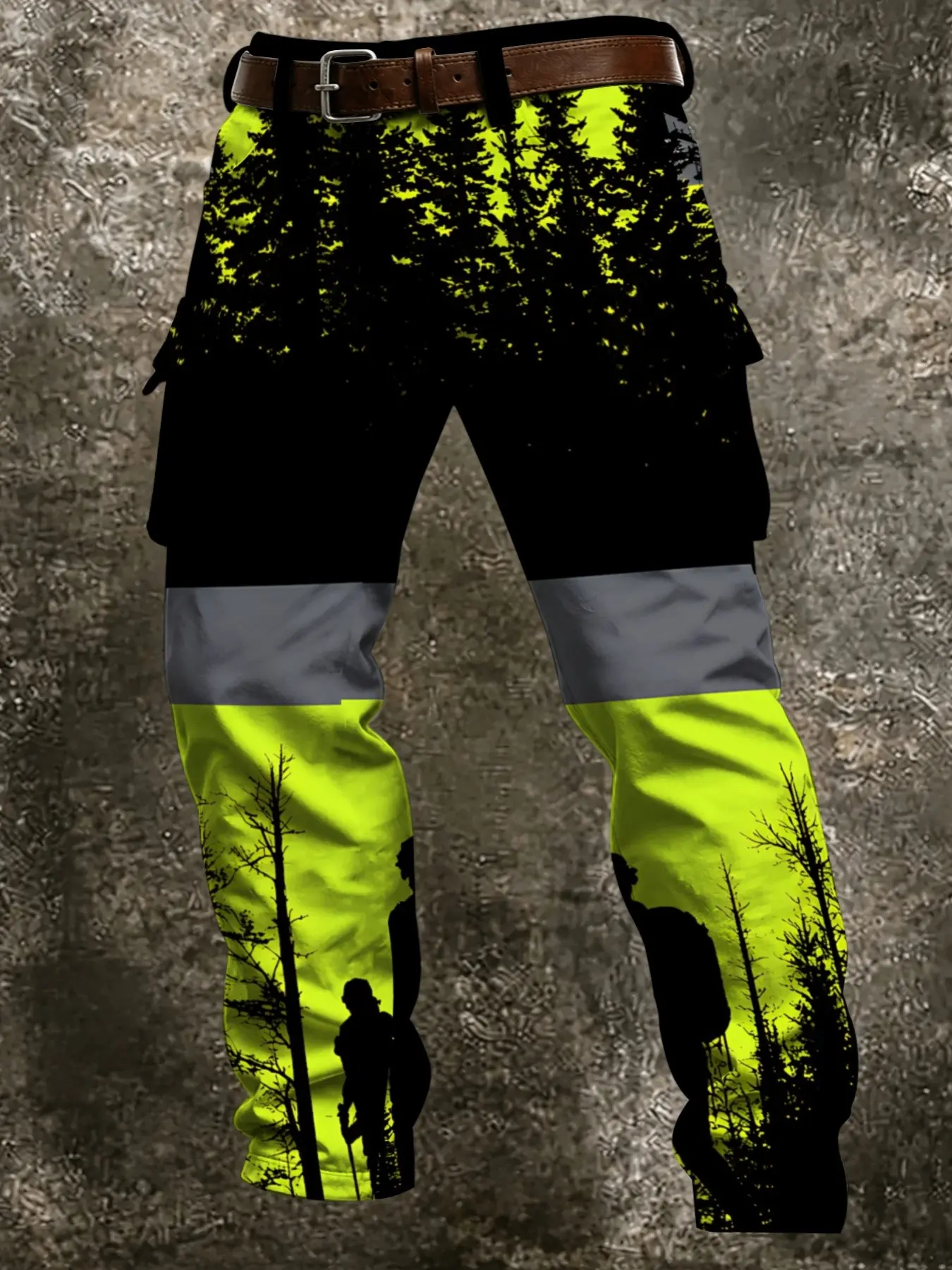 Fluorescent Forest Print Cargo Pants, Outdoor Adventure Loose Trendy Men's Long Trousers, Casual Fitted All-Over Print