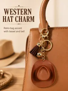 Western Cowboy Hat Bag Charm, brown matte & black white cow print Y2K cowgirl aesthetic bag chain charms with suede tassel metal bell, cute rustic farmhouse bag decoration pendant, viral rodeo concert gift bag charms accessory for her purse key