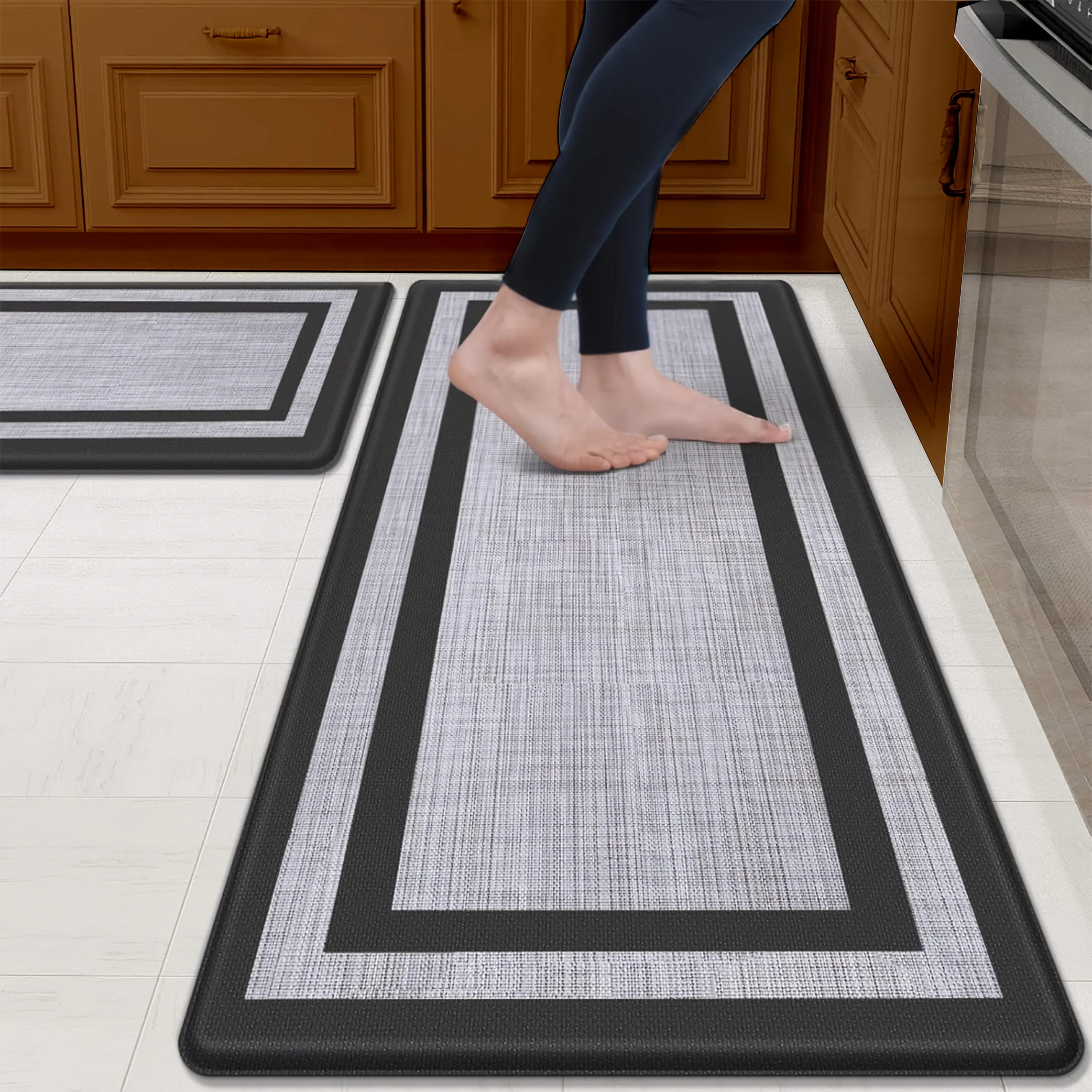 2pcs Non-Skid Cushioned Kitchen Mats, High Quality Ergonomic Comfort Standing Rugs for Kitchen, Floor, Office, Sink, Laundry, Black