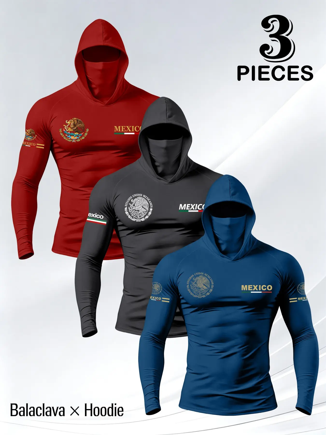 Men's Fitted Long Sleeve Sporty T-Shirt, Mexican Style Hooded Mask, Multi-Color Athletic Top, Athletic Hooded Shirts, Ideal for Cycling, Fitness, Streetwear
