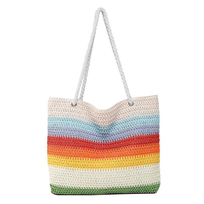 2026 New Women Fashion Shoulder Bag Rainbow Striped Color Block Straw Bag Large Capacity Beach Bag for Vacation