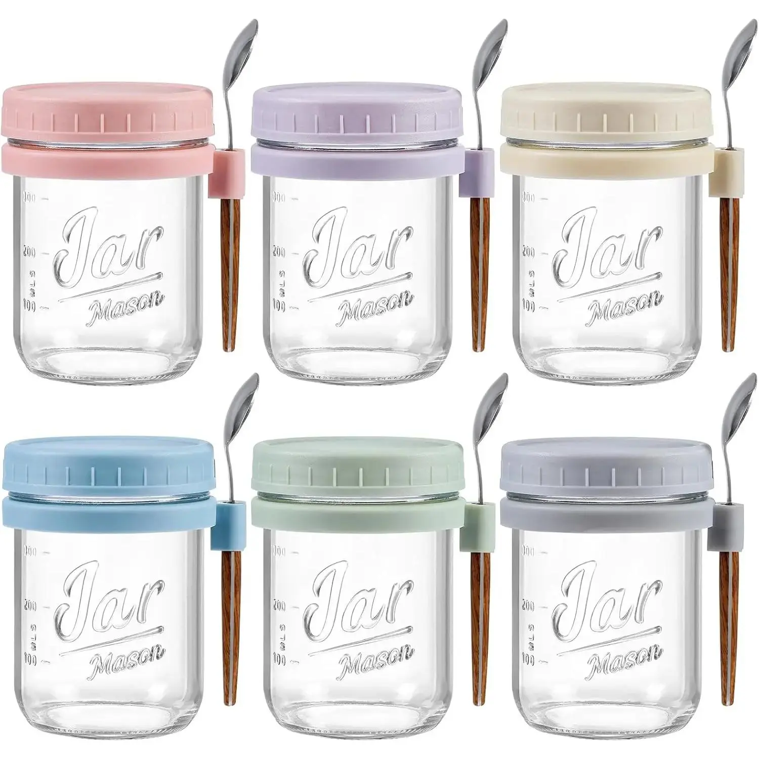 6-Pack 16 oz Airtight Glass Mason Food Jars with Lids, Spoons & Silicone Utensils – Sealed Jar Set, Airtight Lid Canister, Meal Prep Containers for Milk, Cereal, Glass Jar