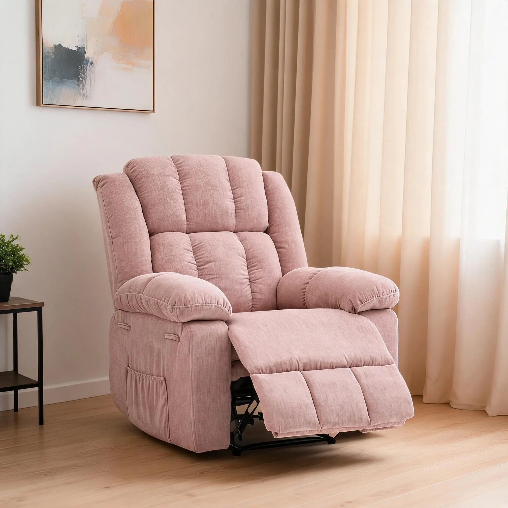 Garvee Extra Wide Manual Recliner Armchair for Adults - 155° Ergonomic Upholstered Lounge Chair with Footrest, Side Pocket & Sturdy Frame - Ideal for Living Room, Bedroom or Nursery - Linen, Chenille Pink