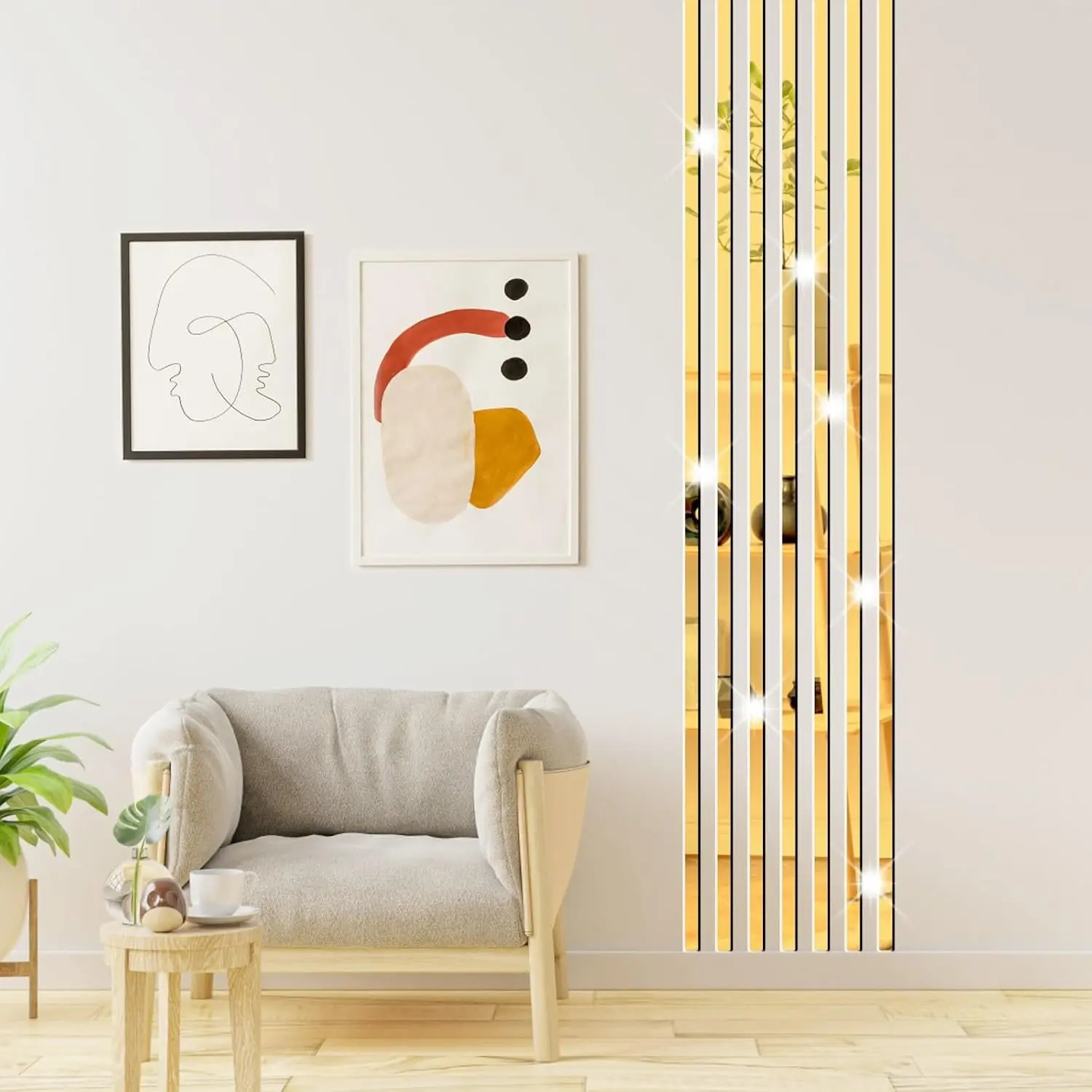 Stripe Mirror Wall Stickers   Mirror  Decor Peel and Stick | Minimalist line mirror wall decor, golden geometric removable art murals, for living room bathroom office bedroom decorative