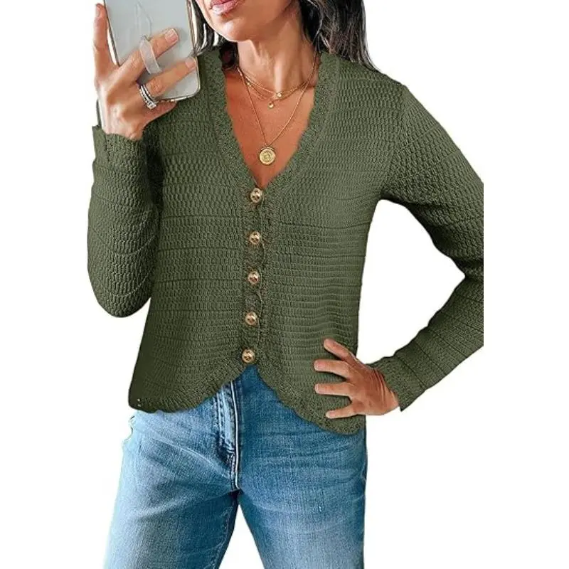 Imily Bela Womens V Neck Cardigan Sweaters Button Up Cropped Boho Knit Long Sleeve Loose Trendy Sweater Tops