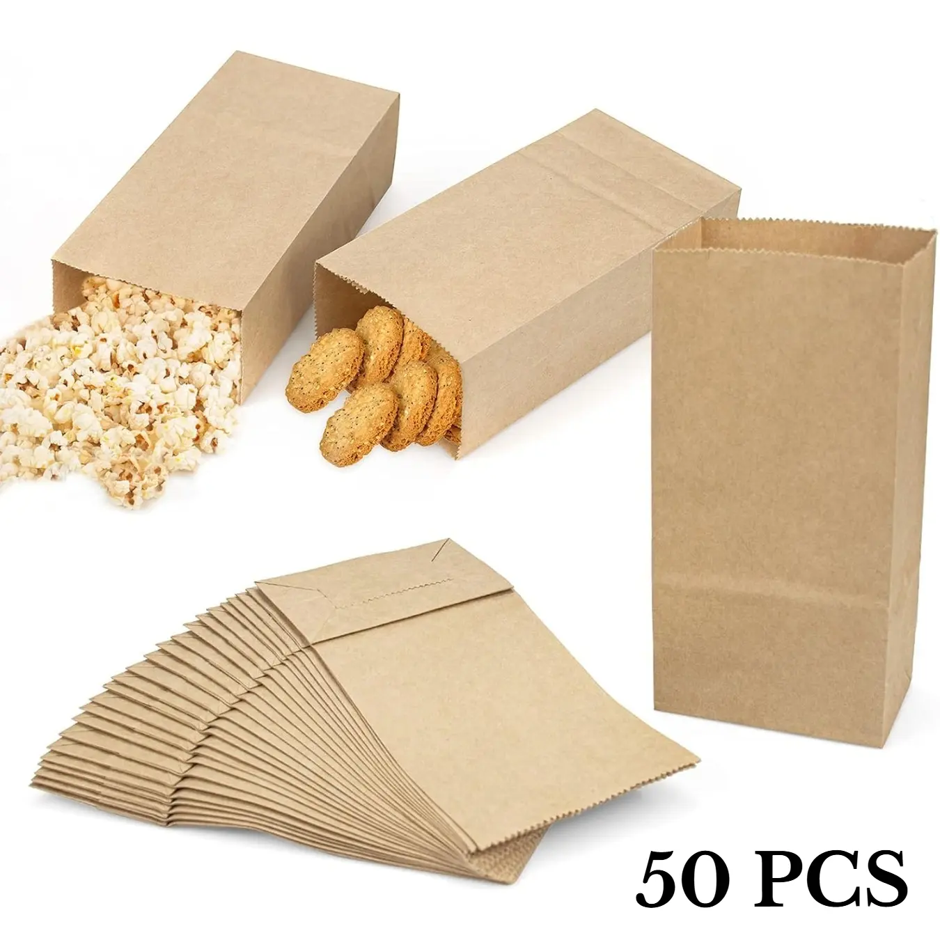 50 Pack Durable Brown Kraft Paper Bags,Perfect for Baking Food Packaging, Popcorn Packaging, Multipurpose Disposable Paper Pouches, Retail Shopping, Party Favors and Gift Wrapping