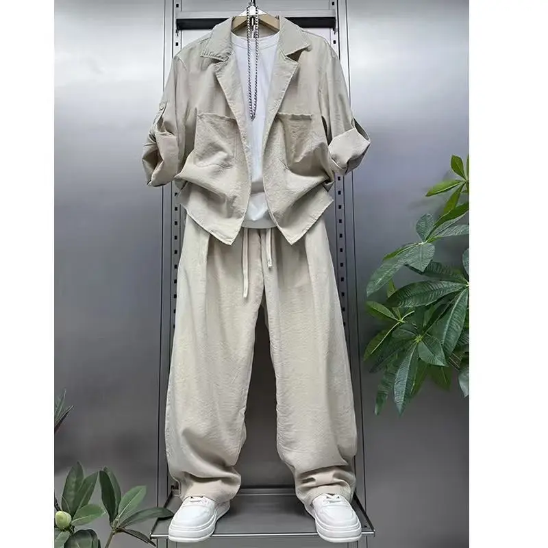 Men's 2026 Summer Seersucker 2-Piece Menswear Co-ord Suit, Plain Polyester Short-Sleeve Shirt & Loose-Fit Pants, Breathable Casual Vacation Loungewear