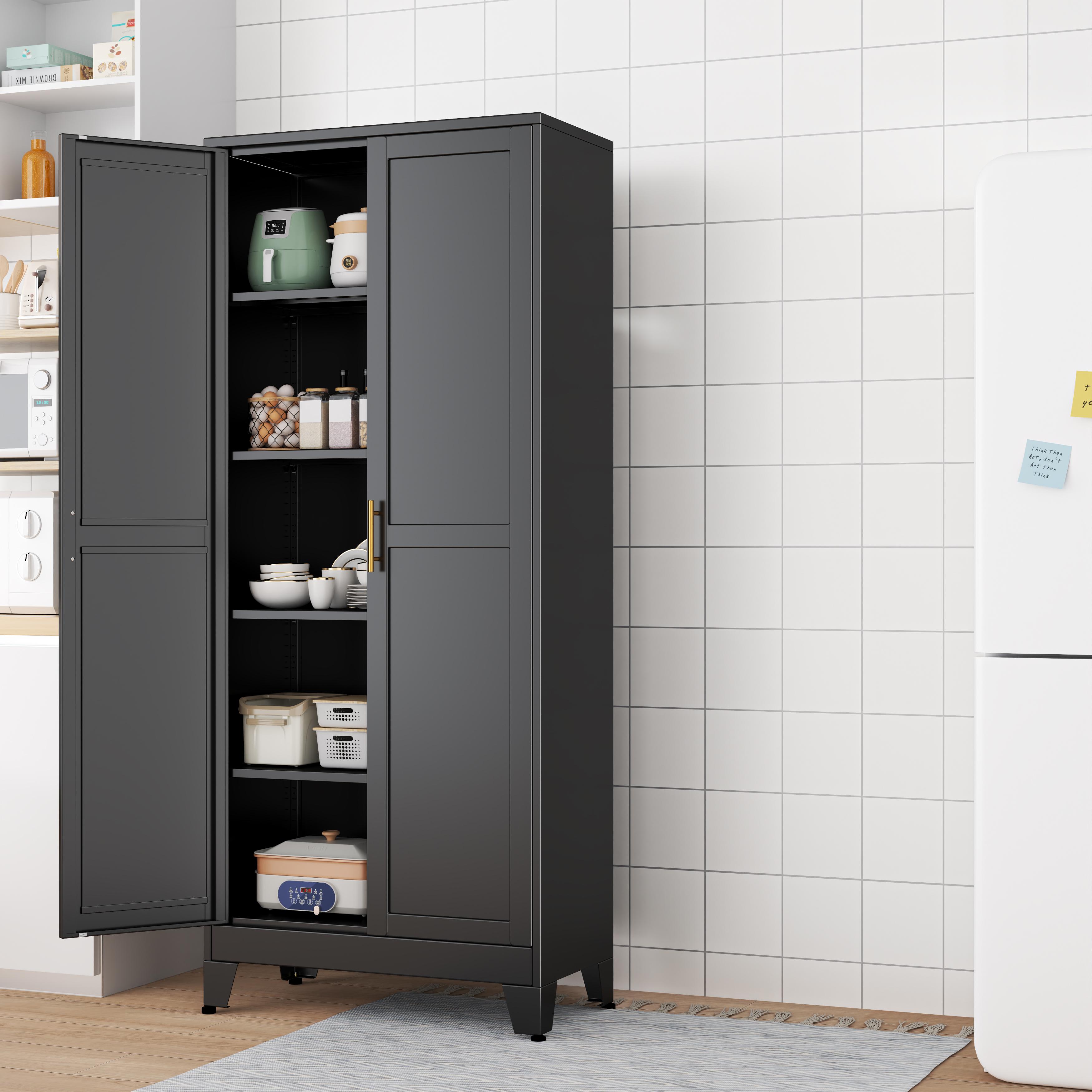 Metal Pantry Cabinet with 2 Doors and 5 Adjustable Shelves, 75" Kitchen Storage cabinets with Gold Handles, Versatile Storage for Laundry Room, Living Room, Bathroom, Dinning Room, Utility Room Apartment Furniture Organizer