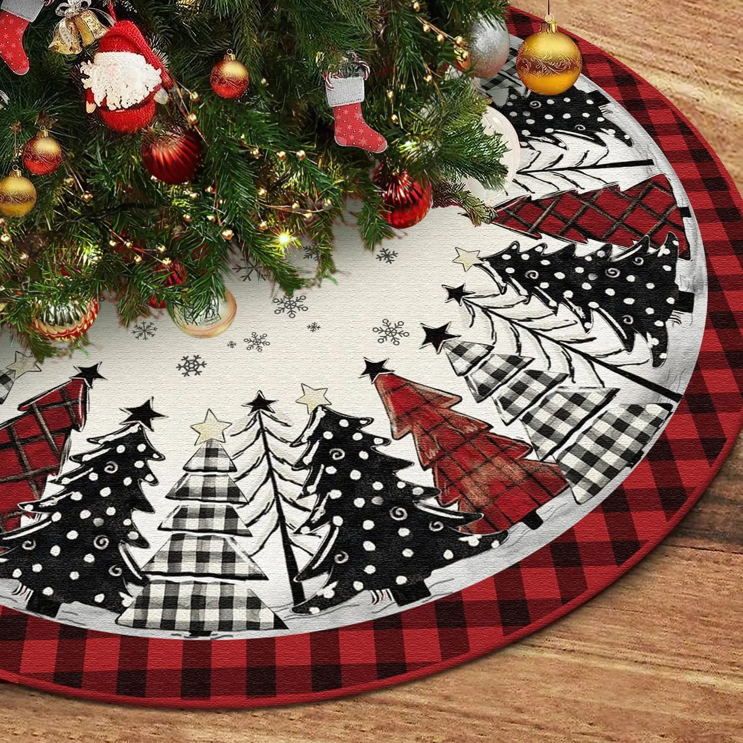 Christmas Tree Skirt 48 Inch, Red and Black Buffalo  Xmas Tree Skirt, Winter Christmas Tree Mat for  Party Holiday Indoor Outdoor Decorations