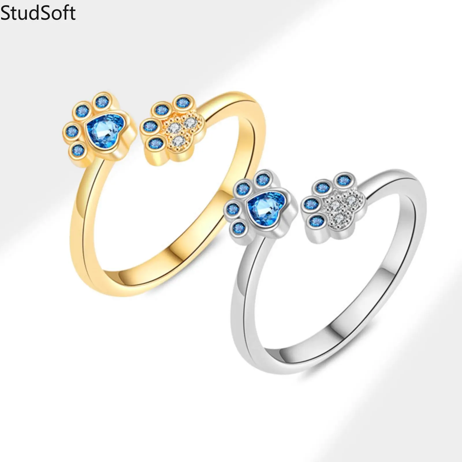 Women 925 Sterling Silver Ring Cute Cat Dog Paw Open Rings Fashion Blue Cubic Zirconia Minimalist Adjustable Pet Jewelry Birthday Gift for Her Girlfriend, Female