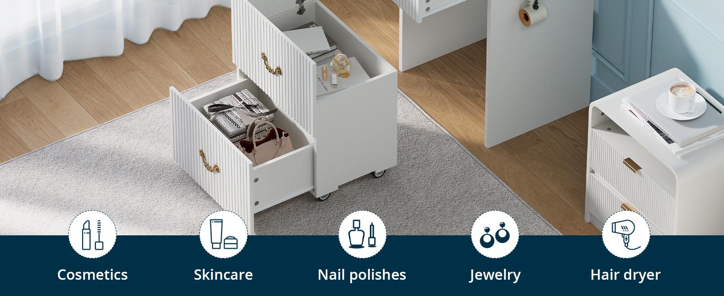 FURSUN 3-in-1 Vanity with Flip Mirror & Lights, Fluted Compact Vanity Table with 3 Drawers, Storage Compartment and Rolling Stool, Modern Small Makeup Vanity for Bedroom, Powder Room, Solid White