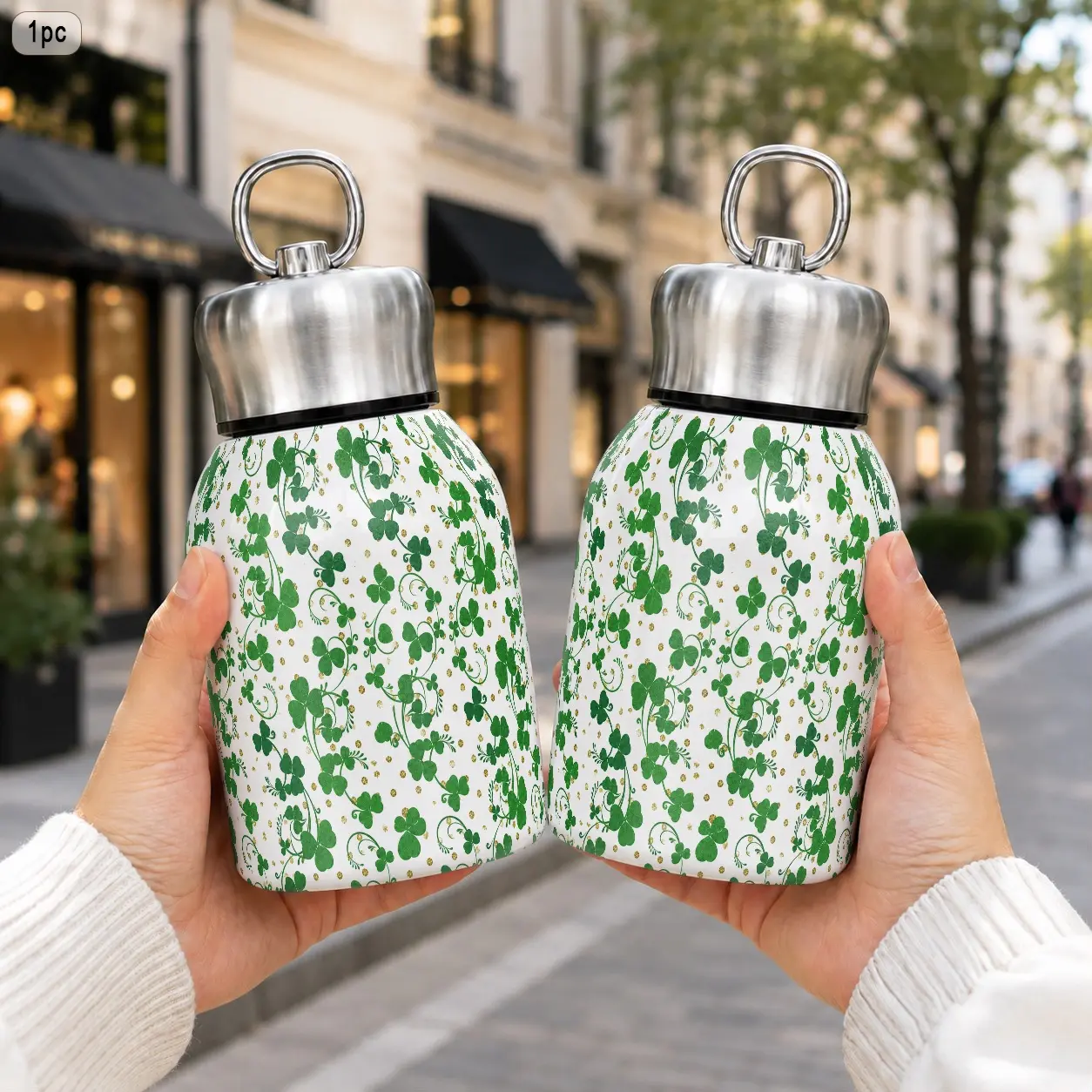Green Clover Printed Portable Insulated Travel Tumbler, 1pc 10oz/300ml 316 Stainless Steel, Heat & Cold Retained Shatterproof, Suitable for Daily Drinking, Ideal for School Office Back-to-School Gift