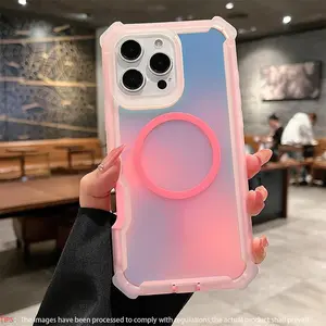 Magnetic matte color gradient phone case suitable for iPhone 17, 16, 15, 14 Plus, 13 Pro supports wireless charging, dazzling laser, four corner shockproof protective case, Tpu smartphone cover