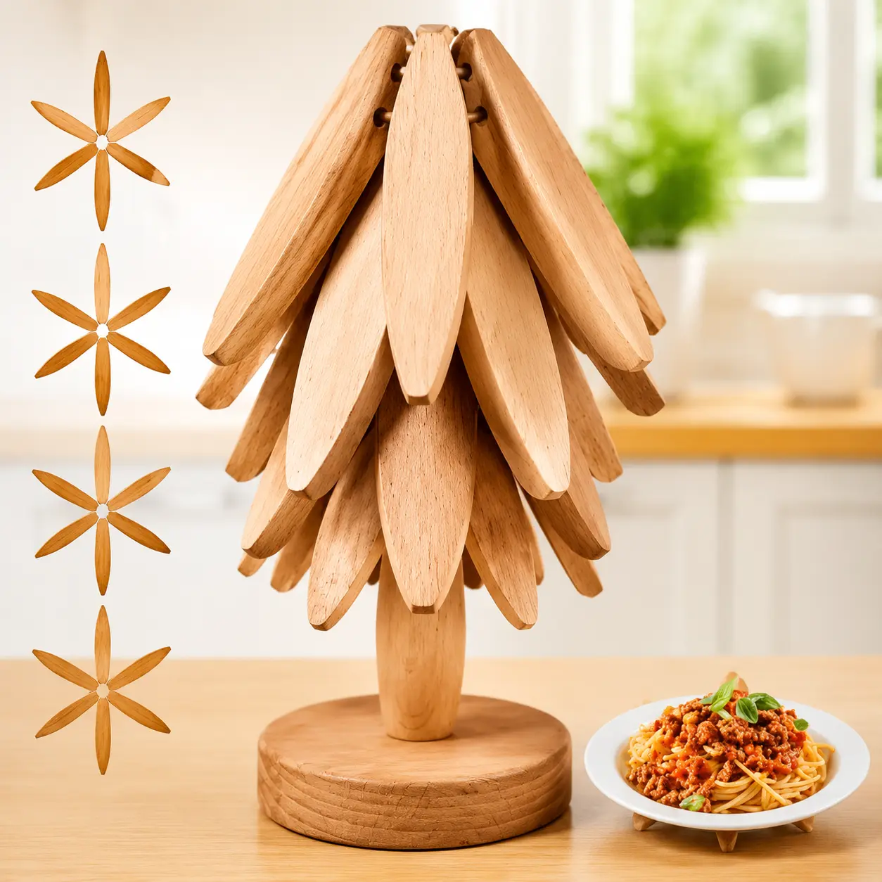 Foldable Wooden Trivet Set with Stand - Hand Polished, 6-Piece Fold, Tree Shape, Heat Resistant Solid Wood Coasters, Set Includes 4+1, Kitchen Hand Tools, Gift Ideas