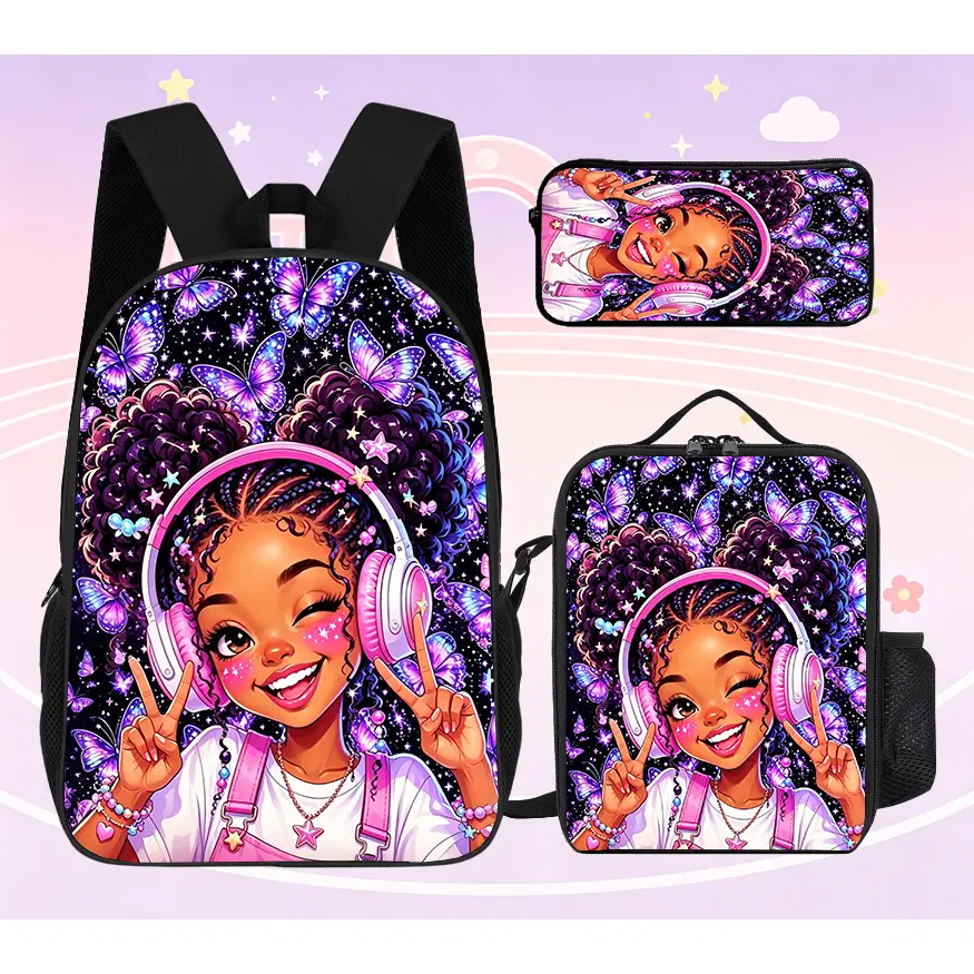 Back To School Gift For Girls, Purple Butterfly Black Girl Cartoon 3 Pieces Backpack Set,School Bag With Lunch Box & Pencil Case, Unique Birthday Present For Elementary Girls # GirlsBackpackSet # BlackGirlCartoonBag # 3In1SchoolBagKit