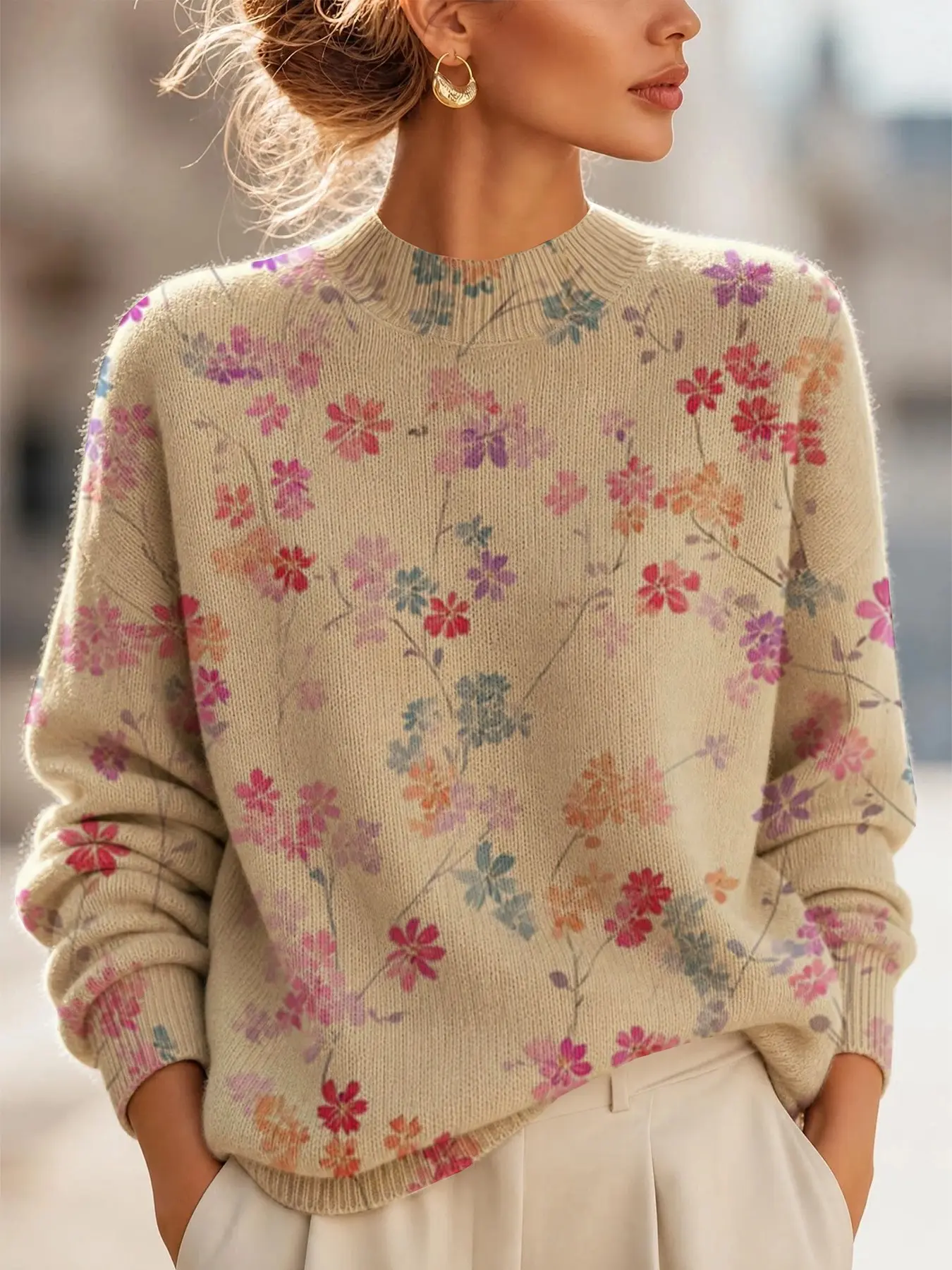 【Black Friday】Christmas Women's New Fashion Sweater, Floral Christmas Print Long Sleeve Warm Versatile Sweater, Casual Female Sweater for All Seasons