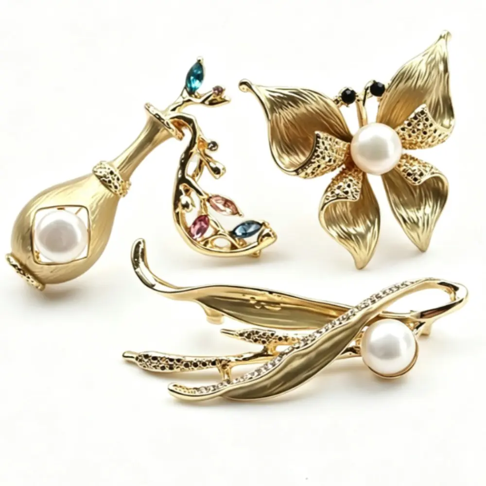 3 Styles Gold Brooch Set Vase Flower Leaf Design Inlaid Colorful Stone and White Pearl Elegant Outfit Pin