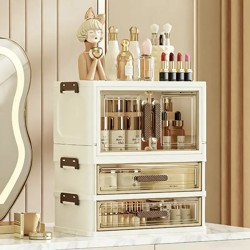 A stackable desktop organizer with drawers and compartments, perfect for storing cosmetics, beauty tools, jewelry, and study supplies in student dormitories. Equipped with convenient self-priming door handles. Desktop organizer bins