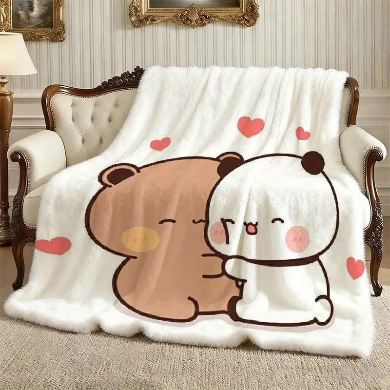 Bubu and Dudu Love Print Flannel Blanket - Ultra Soft Flannel Blanket for Bed and Sofa, All-Season Use, Modern Style Design, Digital Print Pattern, 100% Polyester, Machine Washable, Perfect for Travel, Camping, and Napping, Unique Holiday Gift Choice