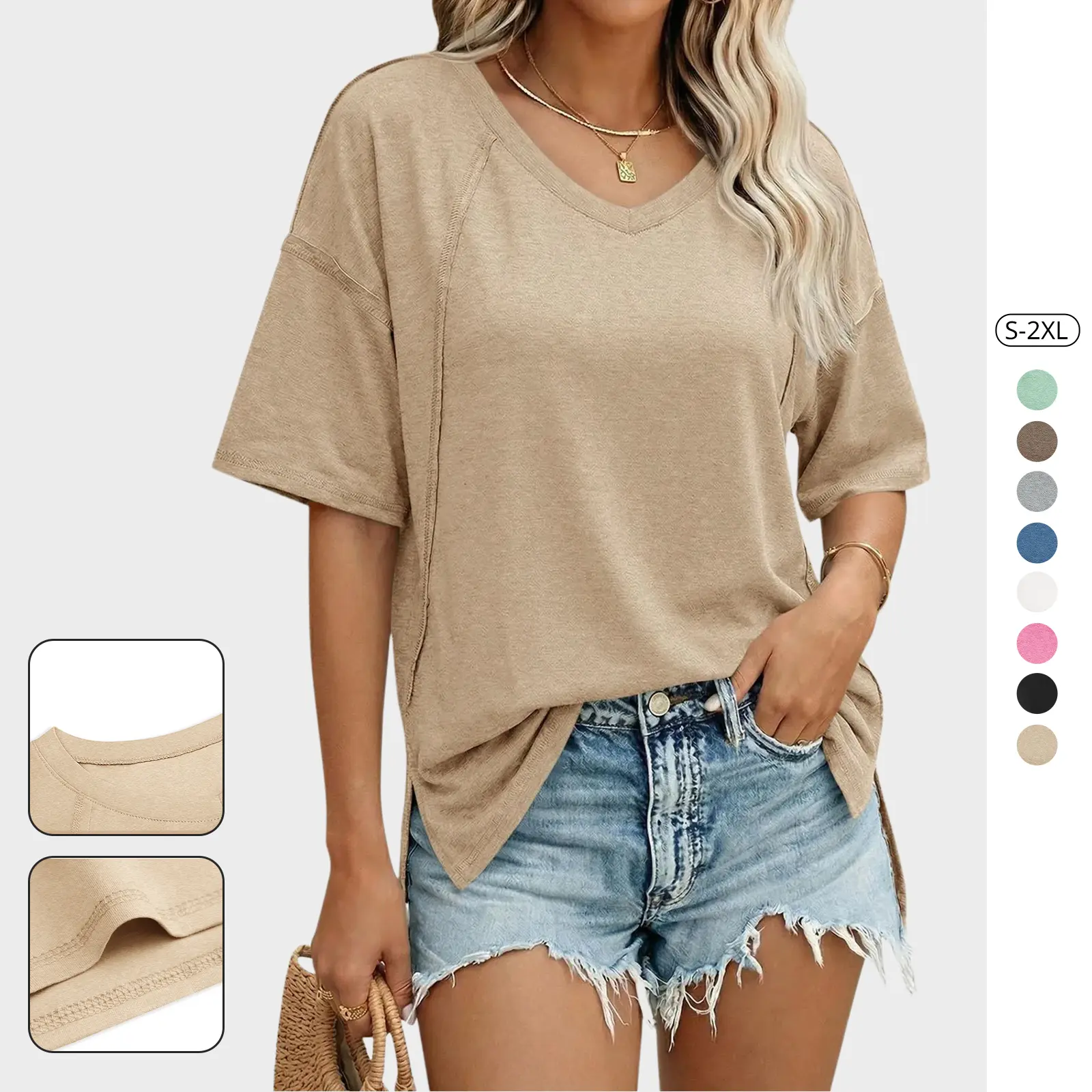 Imily Bela Womens Oversized T Shirts Short Sleeve Summer Casual V Neck Tunic Tops Loose Fit Side Split Basic Tee Tops