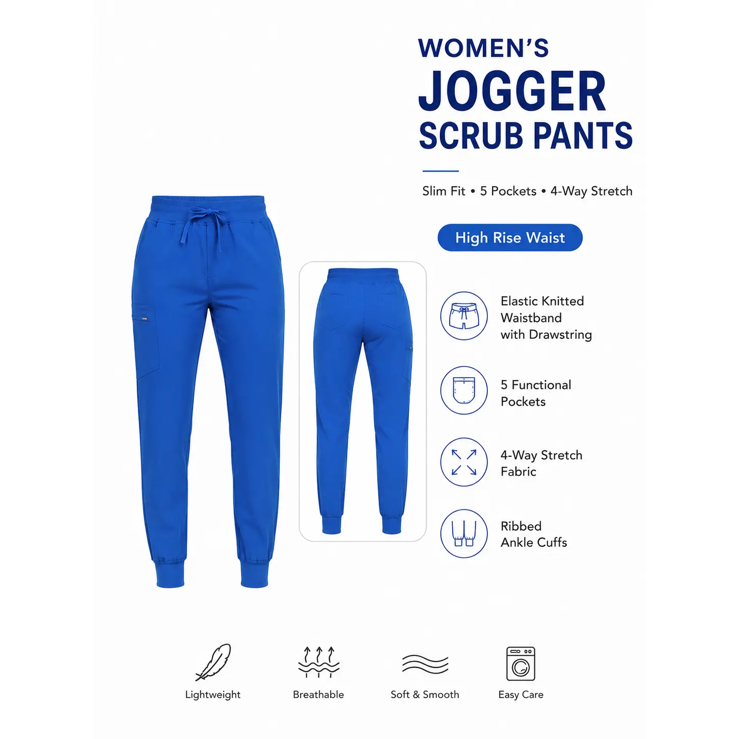 VECARDI Women's Cargo Scrub Pants Royal Blue 4-Way Stretch Jogger with 5 Pockets for Nurses Comfortable Workout Workwear