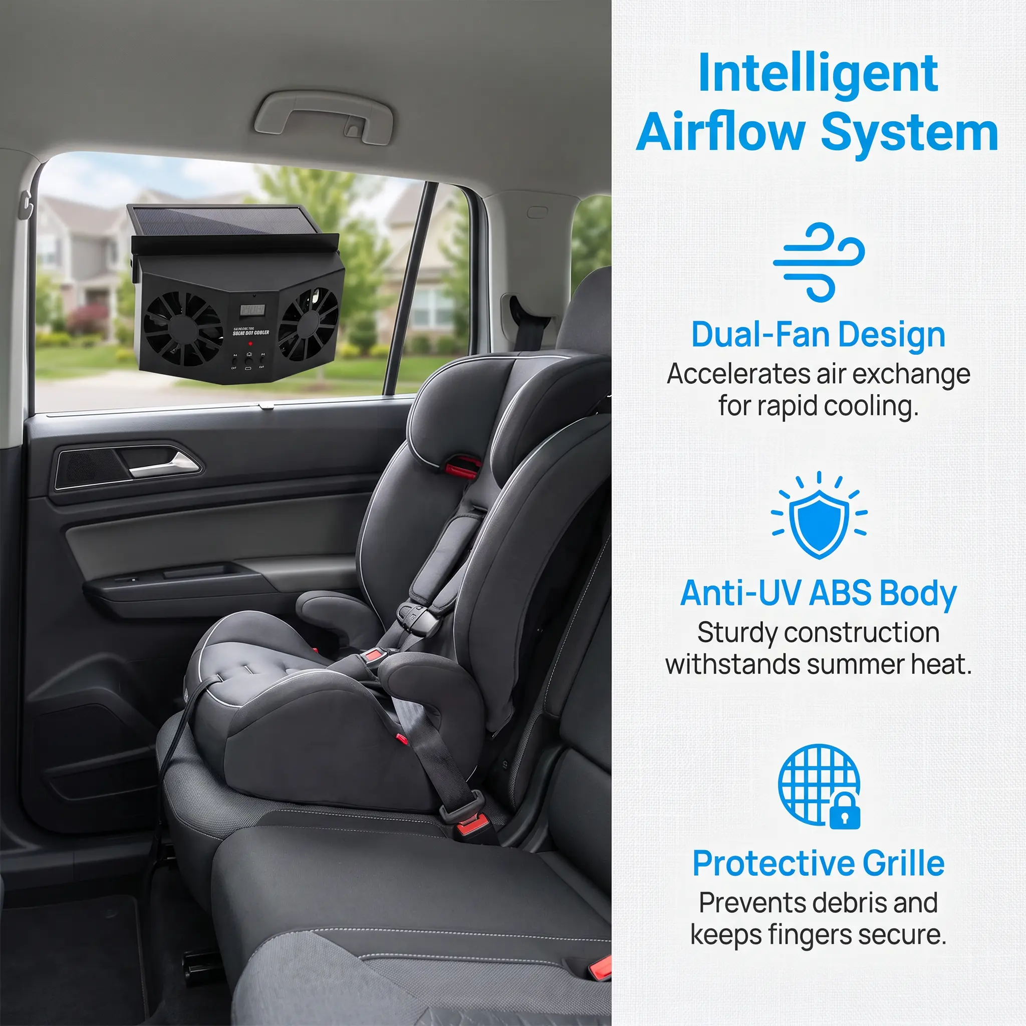 Dual Power Solar Car Window Ventilation Fan - USB Rechargeable Auto Exhaust Cooler, Quiet ABS Plastic Ventilator with Adhesive Strip Window Mount, Universal Fit for Most Cars to Lower Heat & Eliminate Odors, Quiet Fan, Abs Body