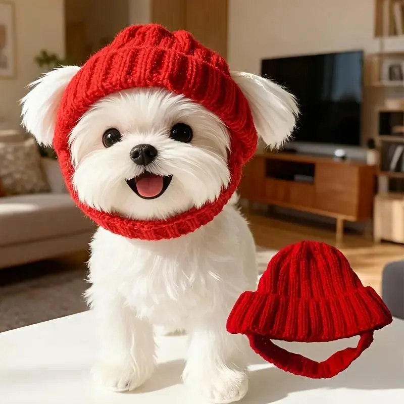 Red Knit Dog Beanie Hat with Ear Flaps｜Soft Washable Winter Cap for Small Dogs, Indoor and Outdoor Wear