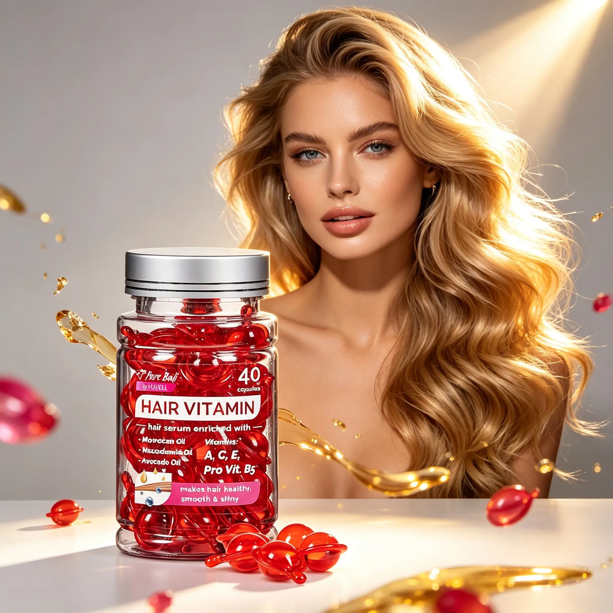 Hair care vitamin essence capsules, leave-in repair care essence, nourishing hair treatment, Hair Care Products, containing Moroccan argan oil and avocado oil, as well as vitamins A, C, E, and pro-vitamin B5, suitable for travel and everyday home use