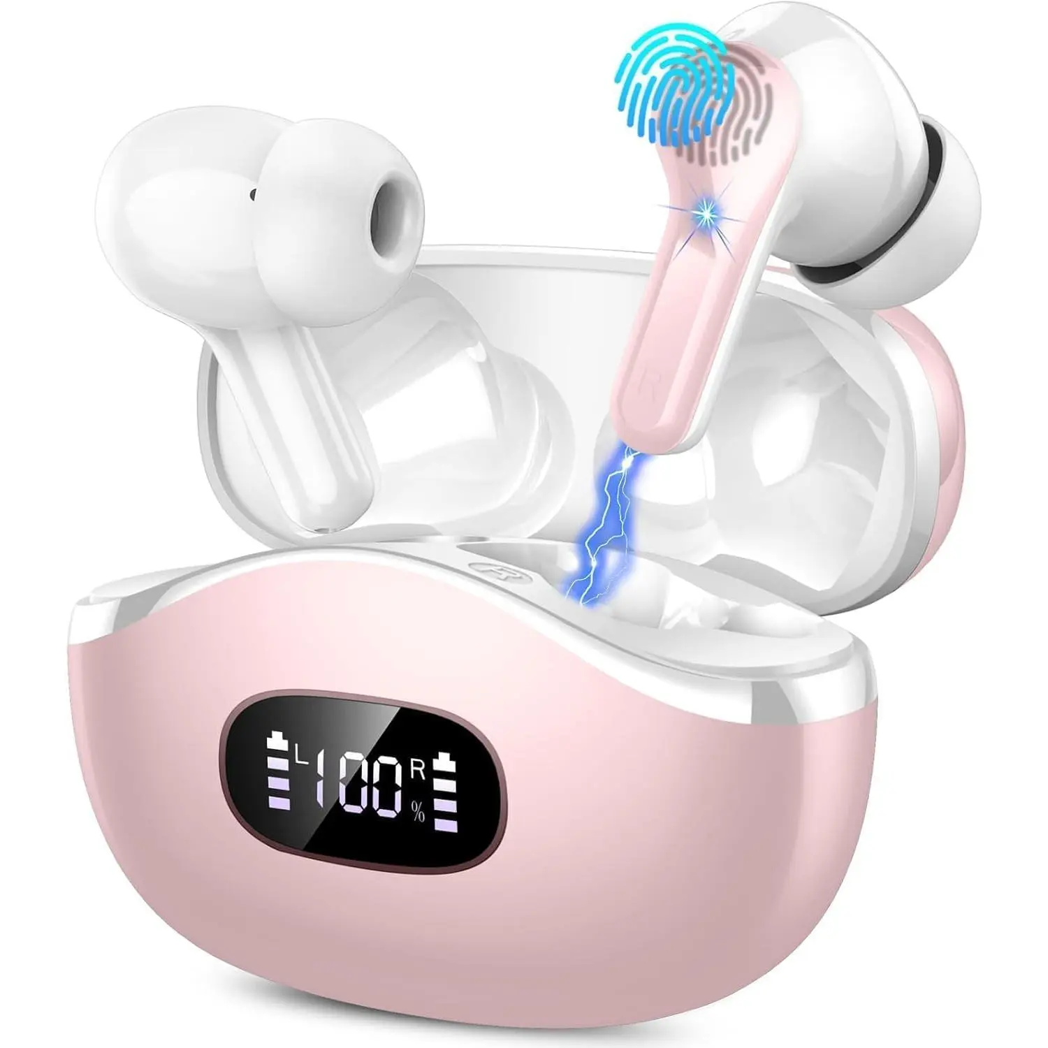 Wireless Earbuds, Bluetooth Headphones 5.4 HiFi Stereo Ear buds with ENC Noise Cancelling Mic, 40H Bluetooth Earbuds with Dual LED Display Charging Case, IP7 Waterproof Earphones for Android iOS, Pink