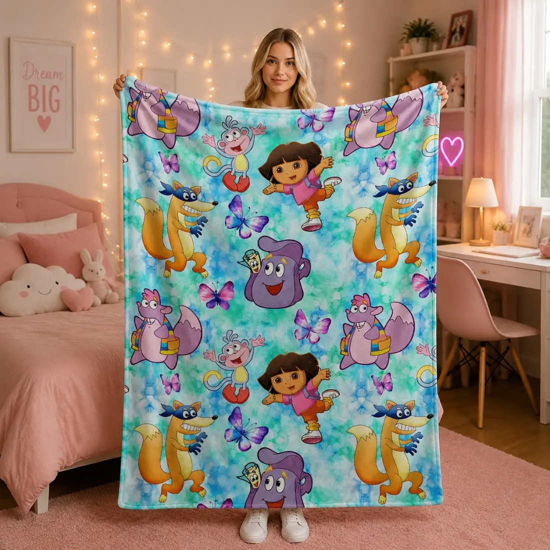 Dora The Explorer Tie Dye Watercolor Background Flannel Throw Blanket, Full Repeat Cartoon Character Soft Lightweight AC Blanket for Kids Bed Sofa Dorm, Perfect Birthday Christmas Holiday Gift for Boys Girls Dora Cartoon Fans