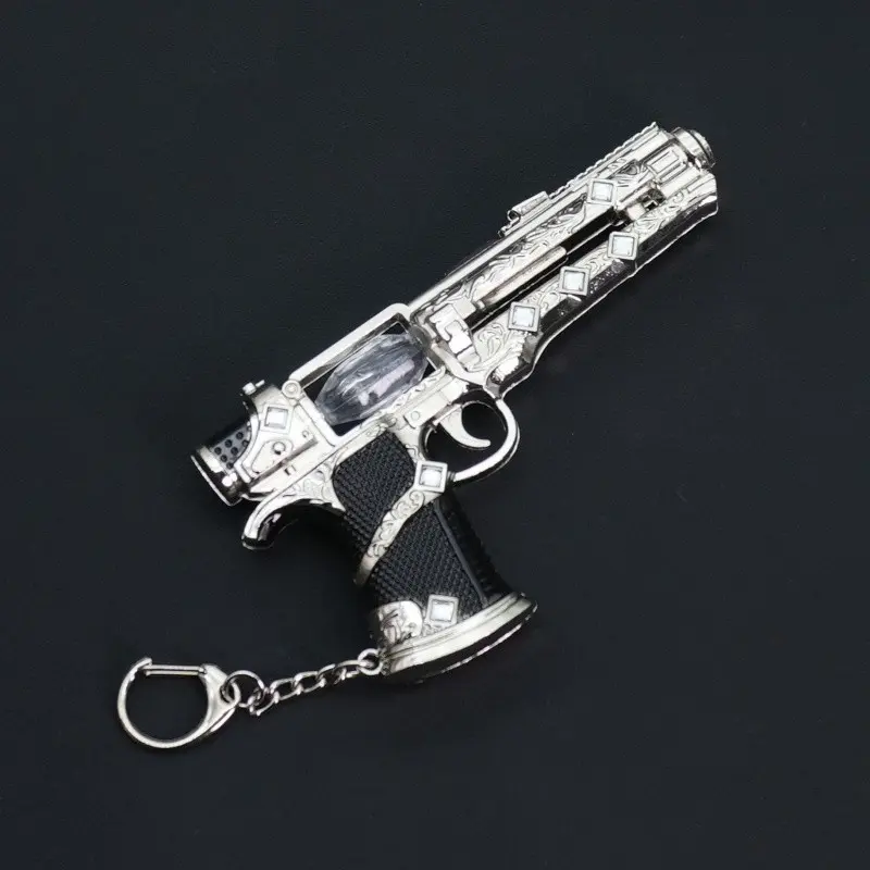 12cm Alloy Gun Model Keychain, Silver Color Luxury Feel, Detailed Replica, Slideable Loop, Non-Functional, Tactical Backpack Accessory