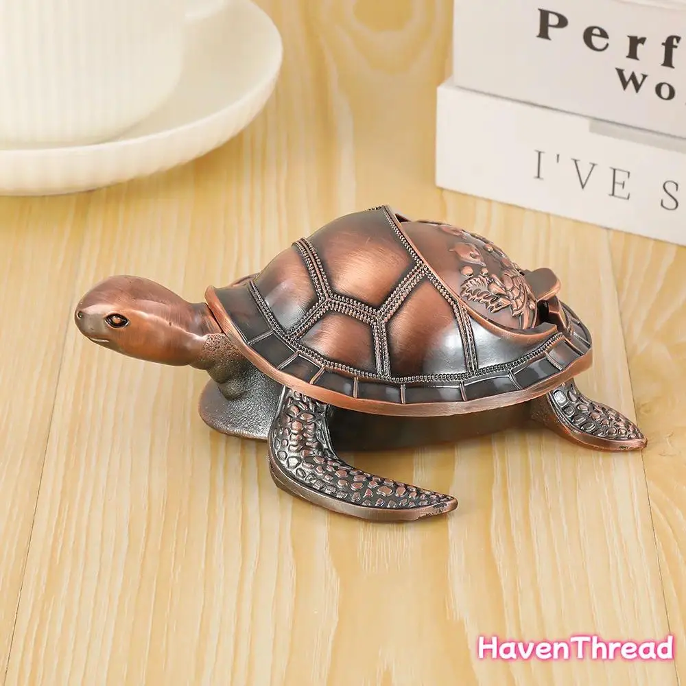 Bronze Metal Windproof Animal Ashtray, Trending Carved Lid Collectible Sculpture, Vintage Statue Decor For Home Office Desk Gifting For Fathers