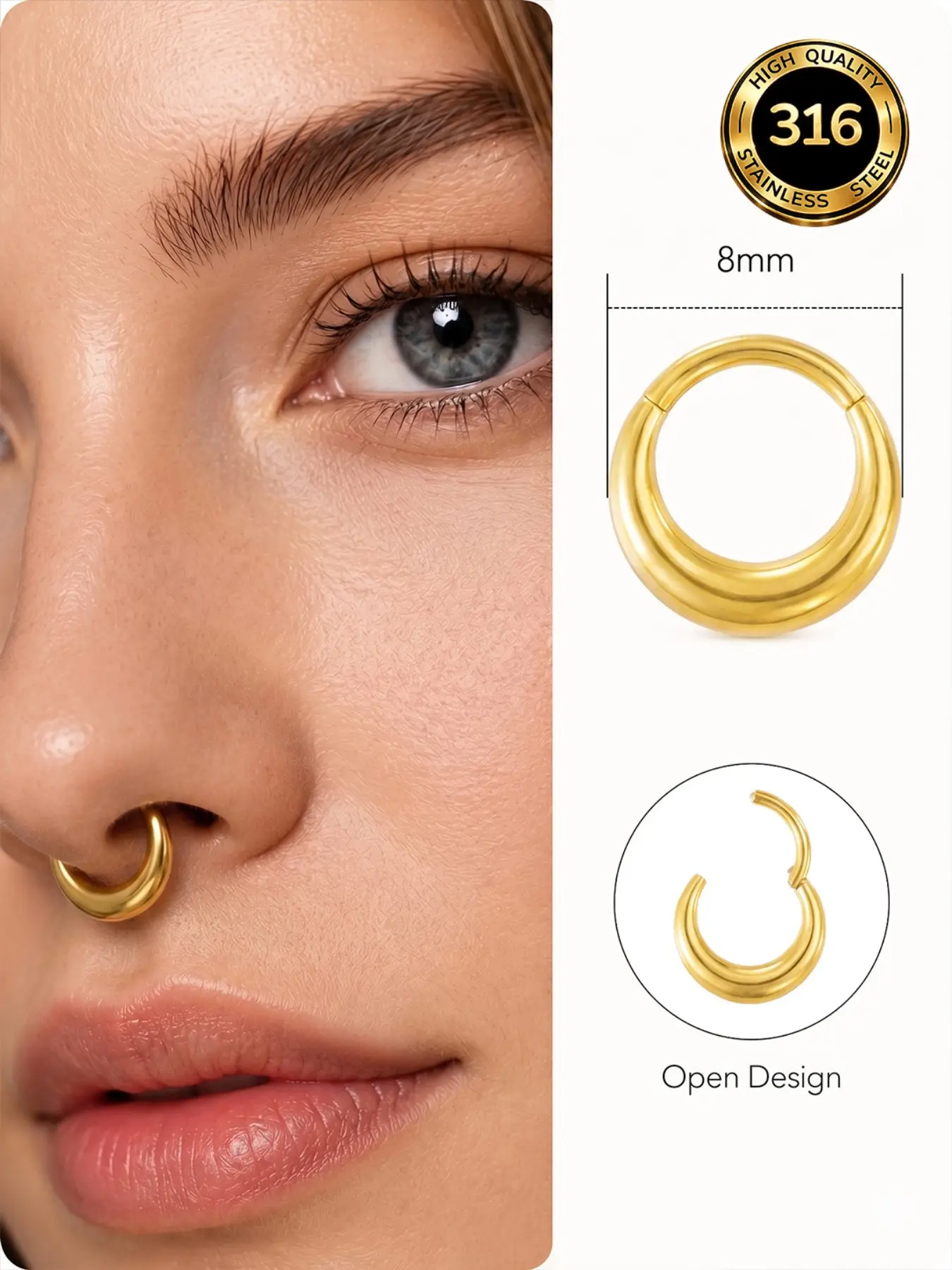316 Stainless Steel Nose Ring for Women and Men, Gold Tone 8mm Septum Hoop, Open Design Body Jewelry for Daily Wear