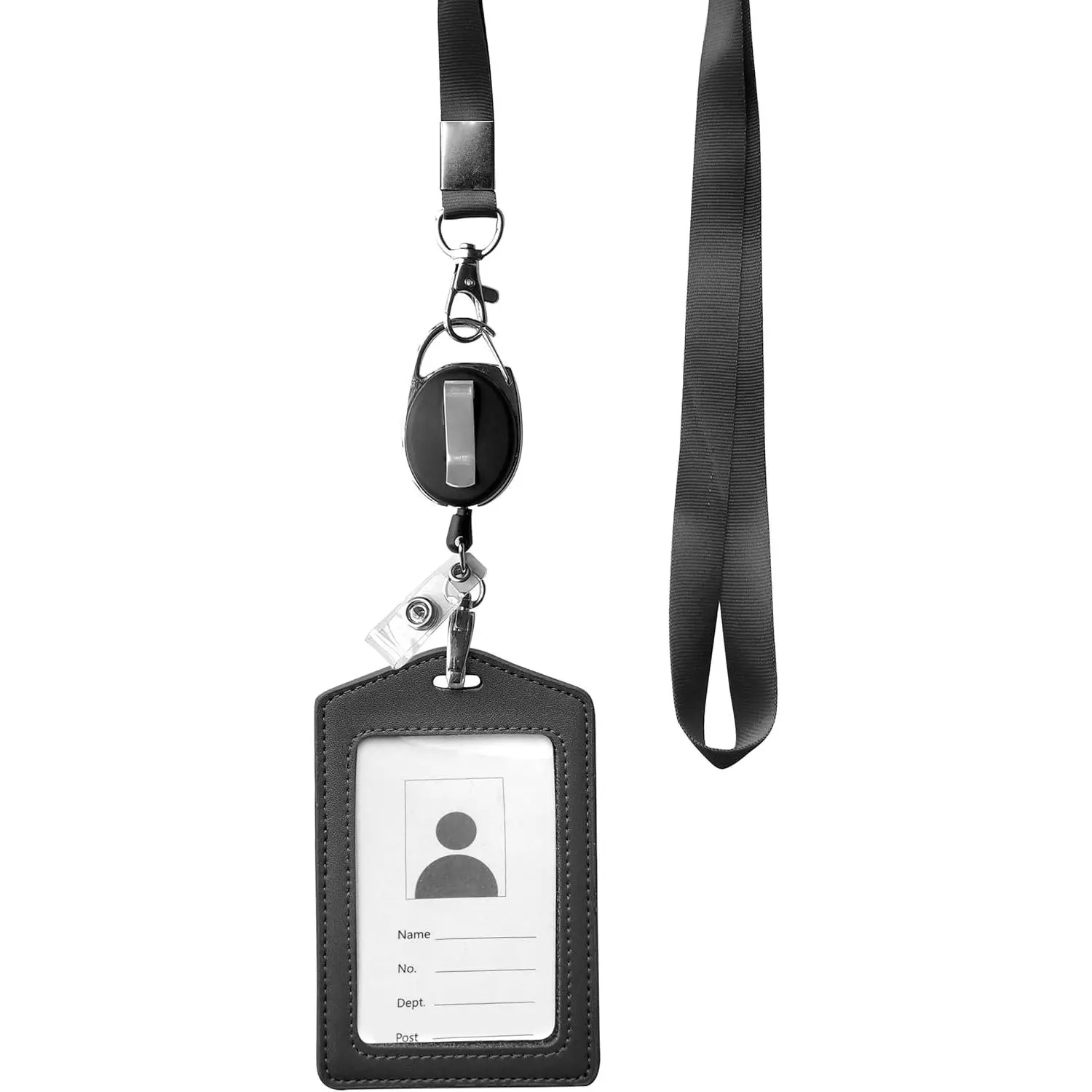 ID Card Case + Heavy Duty Lanyard (Black) + Badge Holder Retractable Reel Carabiner and Plastic Clip ()